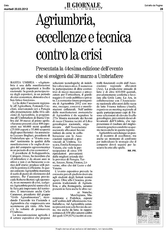 Il Giornale dell'Umbria - martedì 20 marzo 2012 - Agriumbria, eccellenze e tecnica contro la crisi